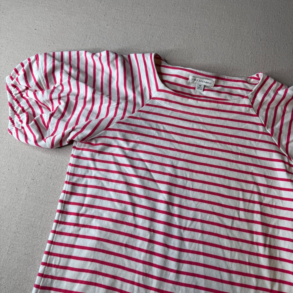 Free Assembly Womens Pink White Striped Puff Sleeve Square Neck Cotton Top XS
